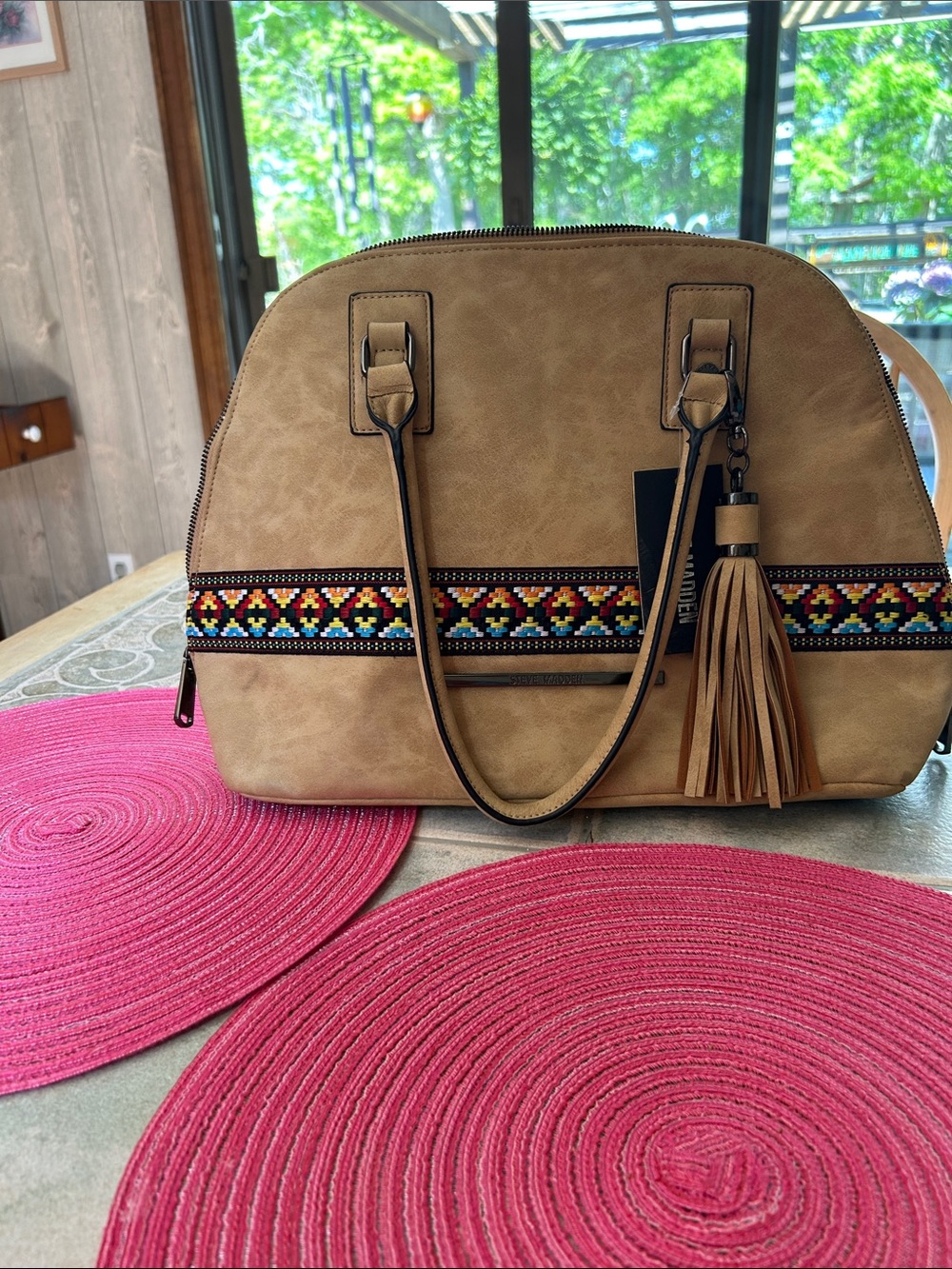 Tan Faux-Leather Satchel with Embroidered  Aztec Accent and Tassel